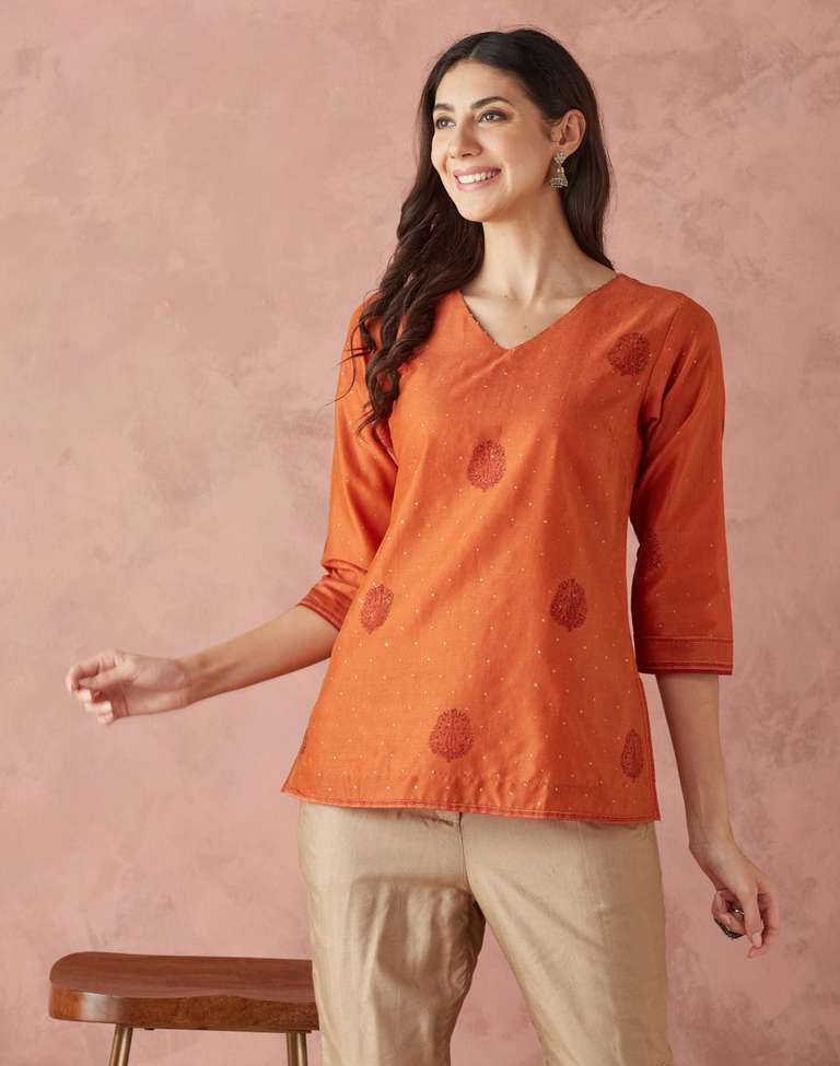 Simple Short Kurta Design For Girl Buy Orange Cotton Silk Hand
