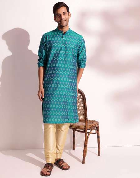 New Fabindia Kurta Pyjama Buy Teal Silk Slim Fit Ikat Woven Long Kurta For Men Online At
