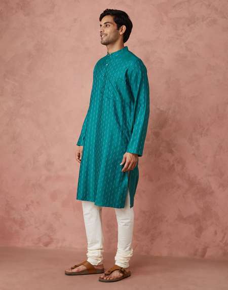 Teal Viscose Blend Dobby Long Kurta - Main Image
