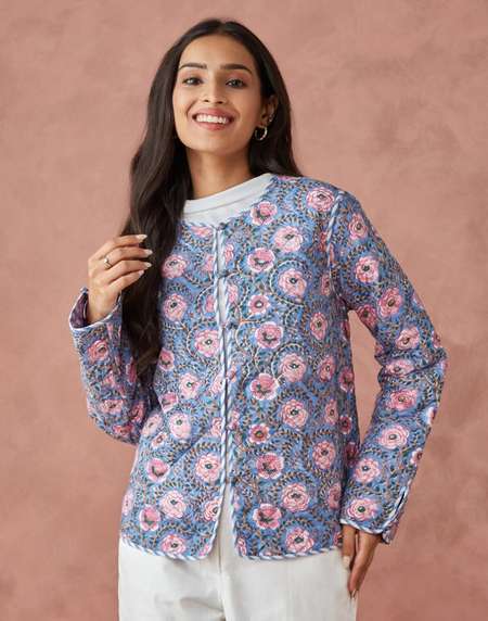 Blue Cotton Hand Block Printed Jacket