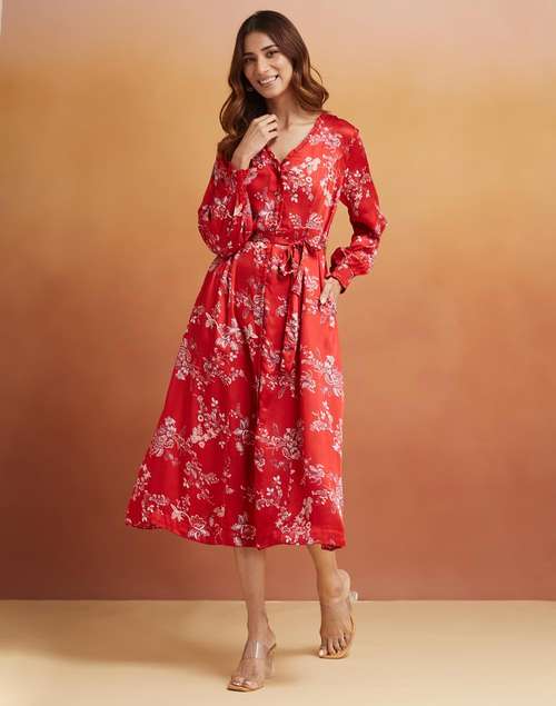 Red Rayon Blend Printed Midi Dress Red Rayon Blend Printed Midi Dress