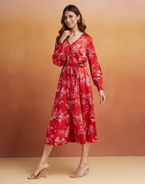 Red Rayon Blend Printed Midi Dress Red Rayon Blend Printed Midi Dress