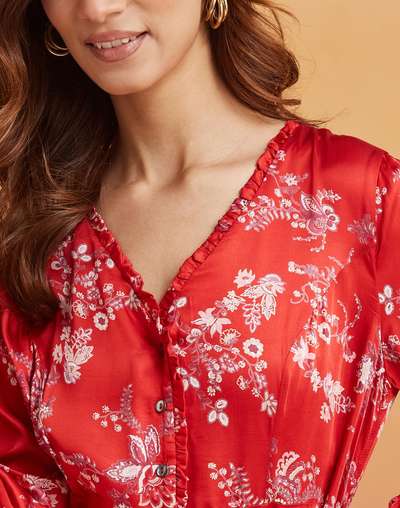 Red Rayon Blend Printed Midi Dress Red Rayon Blend Printed Midi Dress