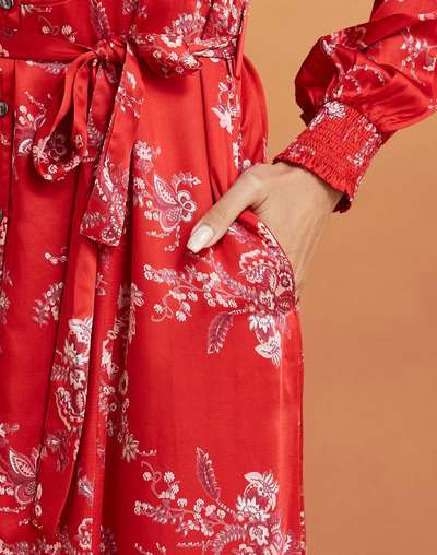 Red Rayon Blend Printed Midi Dress Red Rayon Blend Printed Midi Dress