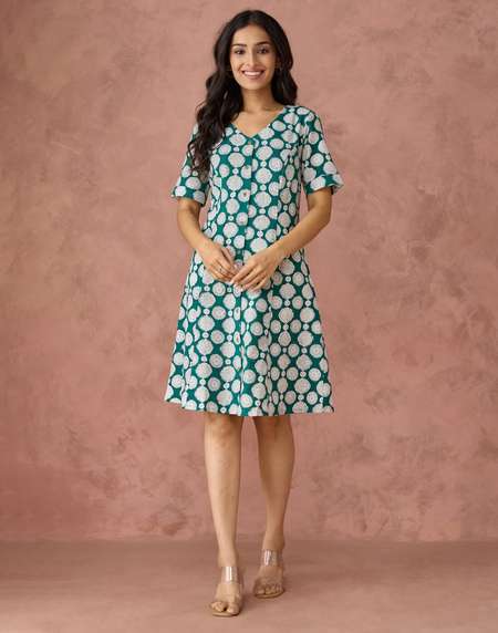 Green Cotton Blend Hand Block Printed Short Dress at Fabindia Green Cotton Blend Hand Block Printed Short Dress at Fabindia