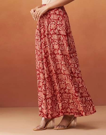 Buy Maroon Viscose Kalamkari Printed Skirt Midi for Women Online