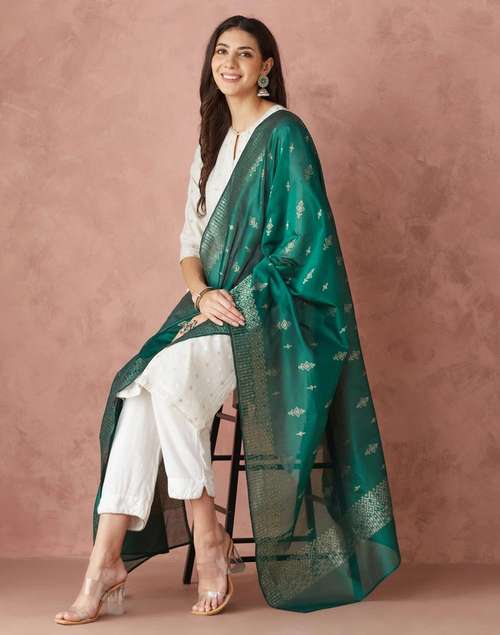 Green Cotton Silk Blend Banarsi Dupatta Green Cotton Silk Blend Banarsi Dupatta