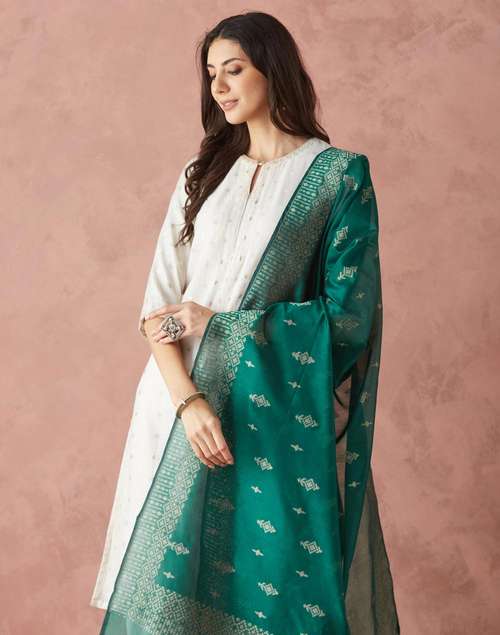 Green Cotton Silk Blend Banarsi Dupatta Green Cotton Silk Blend Banarsi Dupatta