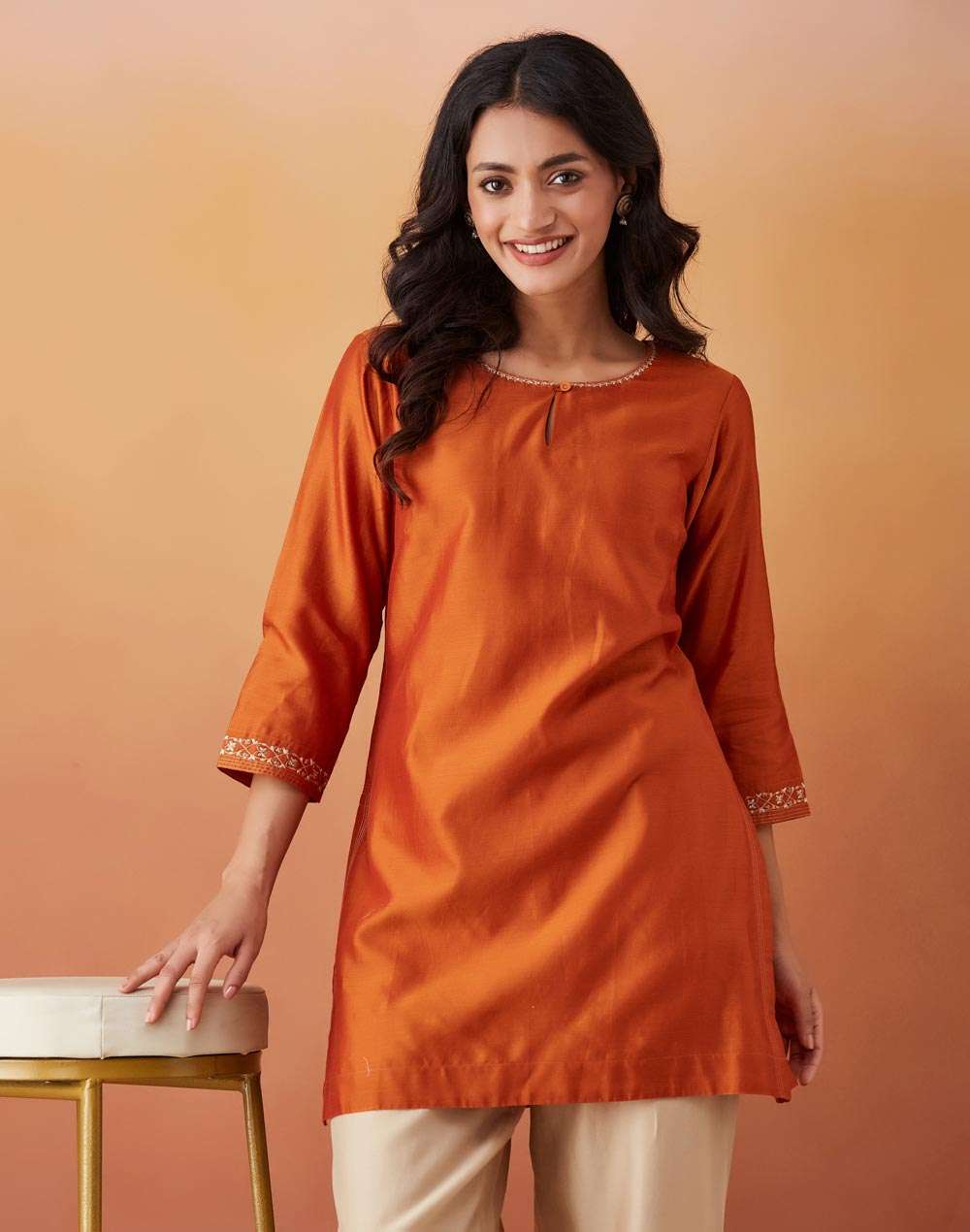 Orange Cotton Silk Embroidered Short Kurta