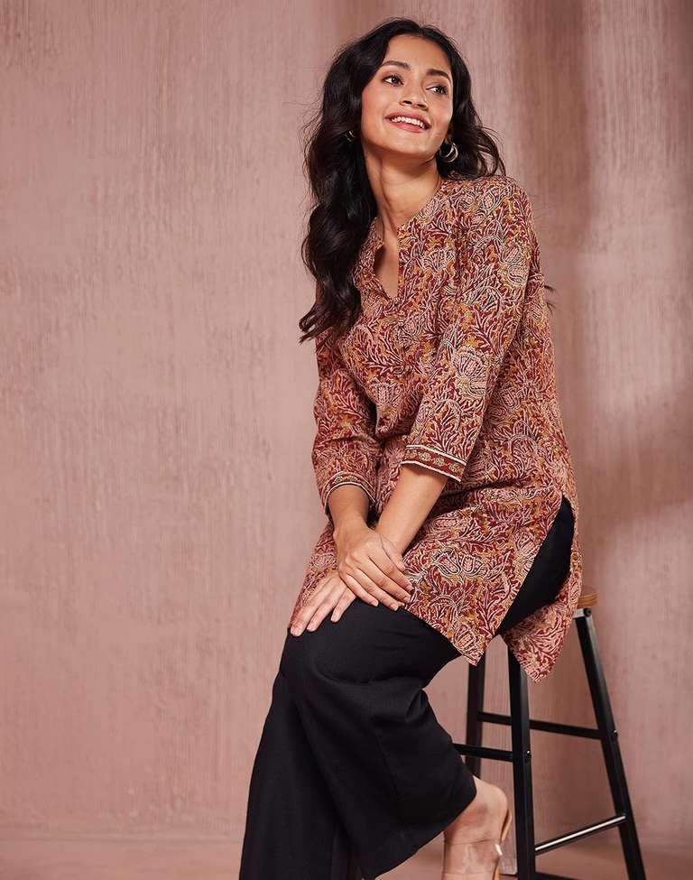 Buy Maroon Cotton Kalamkari Printed Short Kurta for Women Online