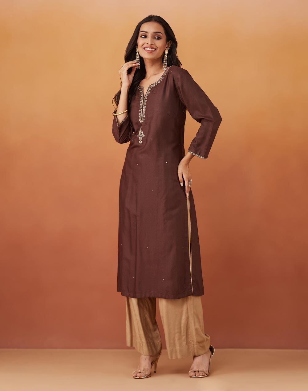 Brown Viscose Silk Embroidered Long Kurta Brown Viscose Silk Embroidered Long Kurta