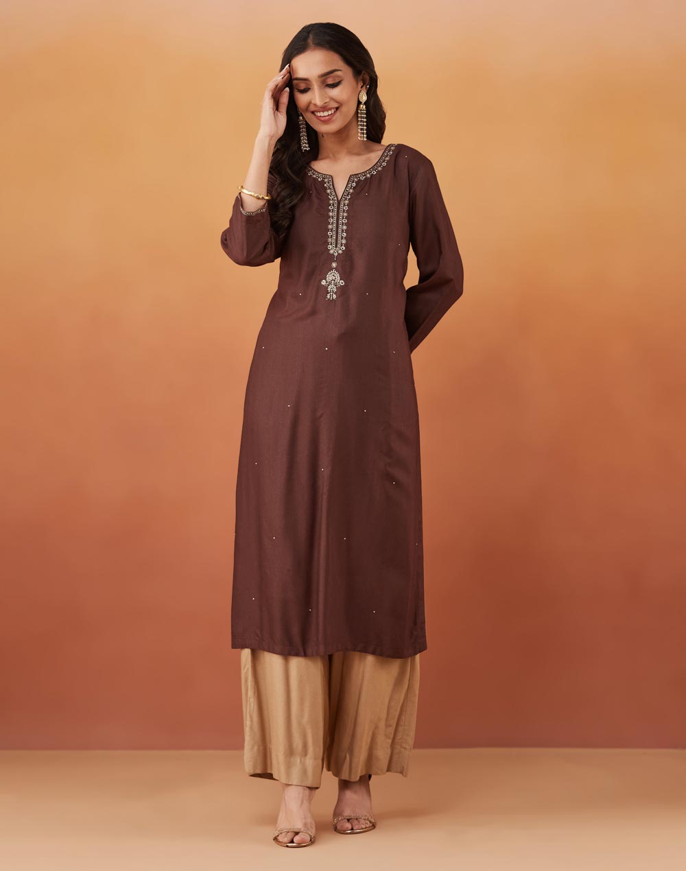 Brown Viscose Silk Embroidered Long Kurta Brown Viscose Silk Embroidered Long Kurta