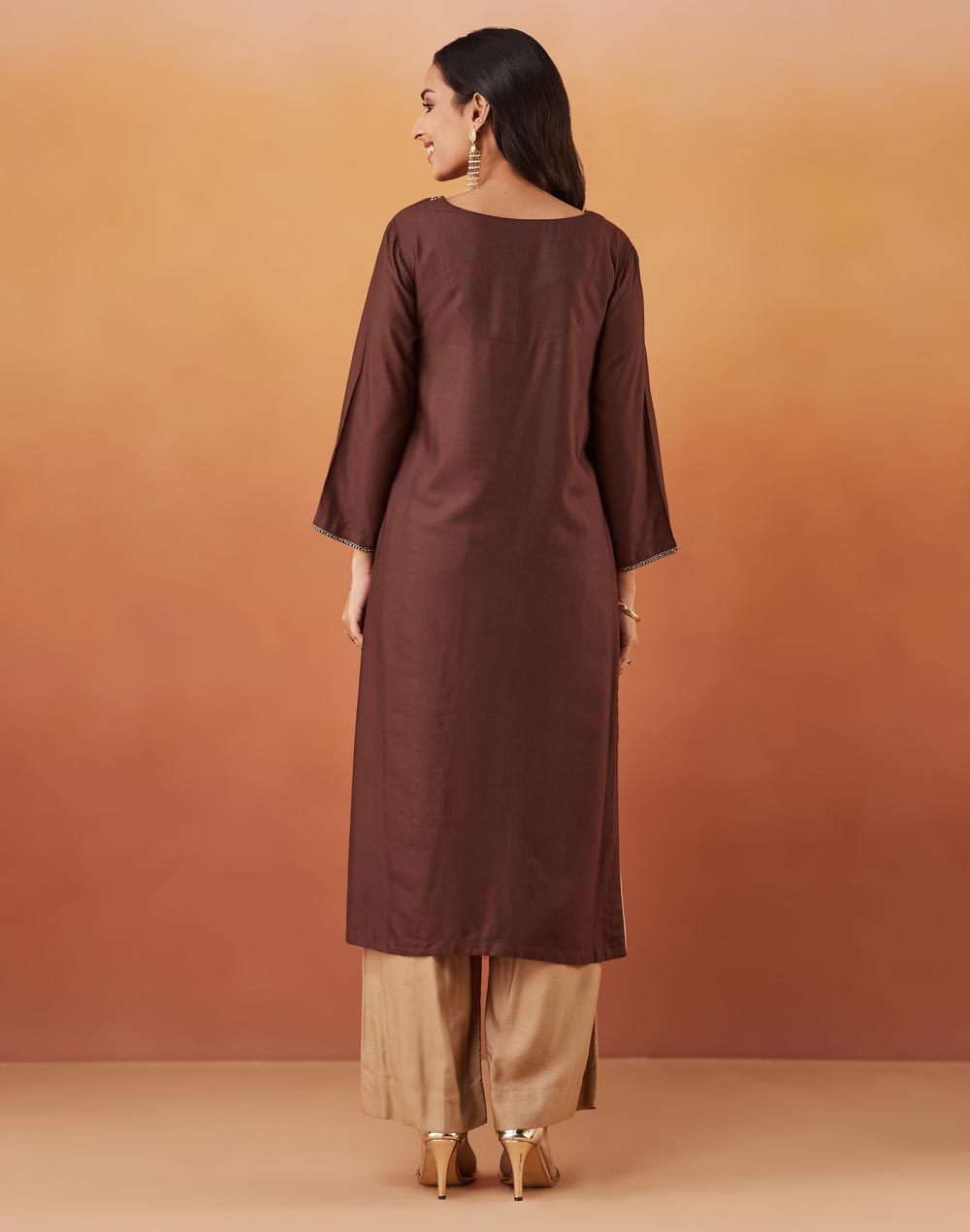 Brown Viscose Silk Embroidered Long Kurta Brown Viscose Silk Embroidered Long Kurta