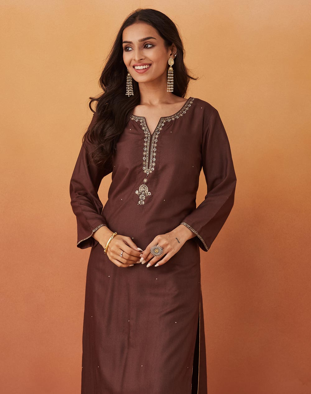 Brown Viscose Silk Embroidered Long Kurta Brown Viscose Silk Embroidered Long Kurta