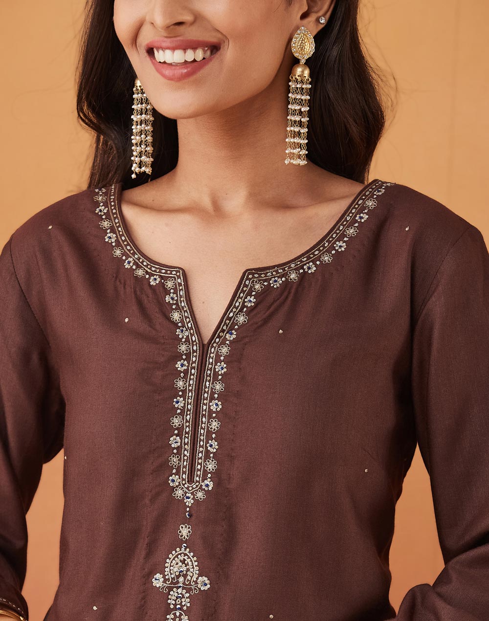 Brown Viscose Silk Embroidered Long Kurta Brown Viscose Silk Embroidered Long Kurta