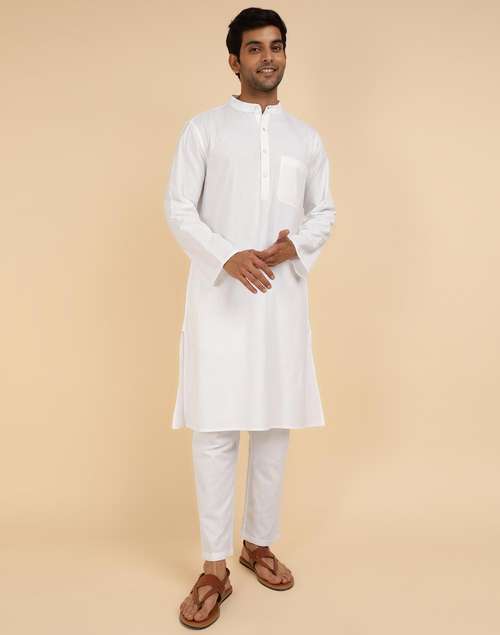 FabBasics White Cotton Woven Kurta & Pyjama Set FabBasics White Cotton Woven Kurta & Pyjama Set