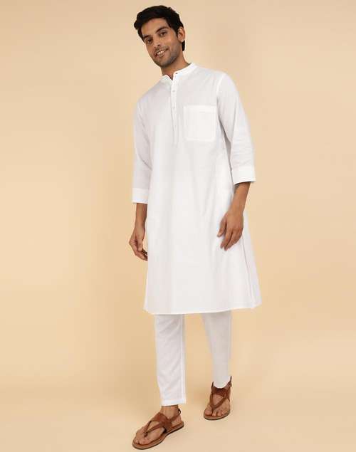 FabBasics White Cotton Woven Kurta & Pyjama Set FabBasics White Cotton Woven Kurta & Pyjama Set