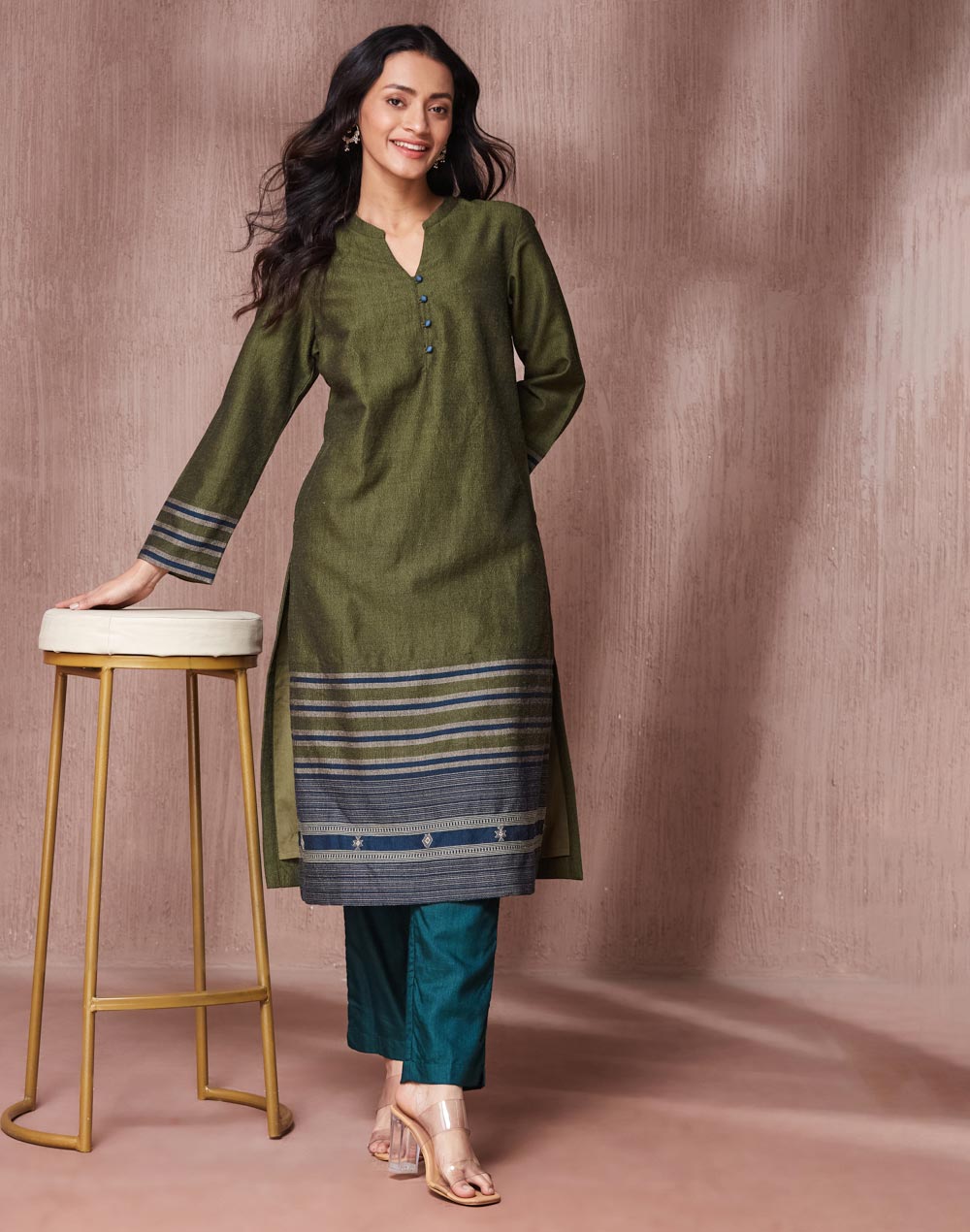 Green Wool Hand Woven Long Kurta Green Wool Hand Woven Long Kurta