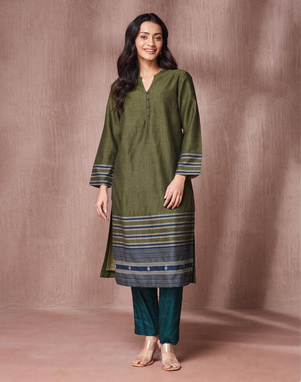 Green Wool Hand Woven Long Kurta Green Wool Hand Woven Long Kurta