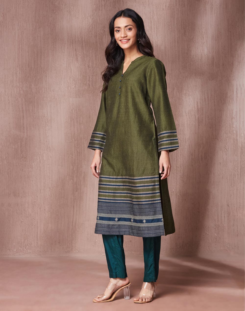 Green Wool Hand Woven Long Kurta Green Wool Hand Woven Long Kurta