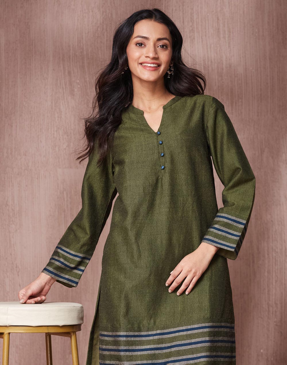 Green Wool Hand Woven Long Kurta Green Wool Hand Woven Long Kurta