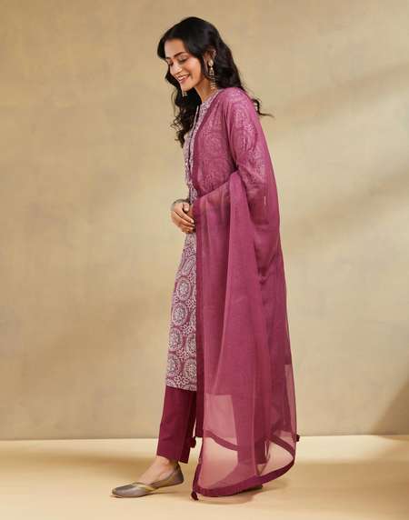 Buy Avni Purple Cotton Printed Dupatta,Pant Kurta Set for Women