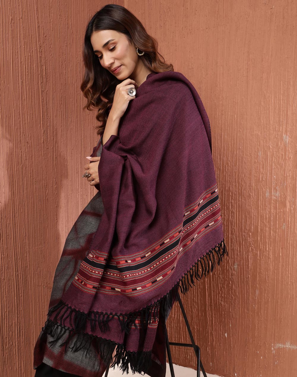 Wine Wool Hand Woven Shawl Wine Wool Hand Woven Shawl