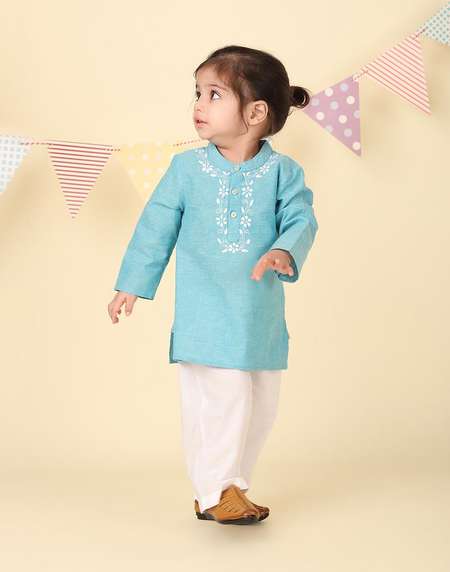 Buy Blue Cotton Chikankari Kurta Set for Kids Online at Fabindia
