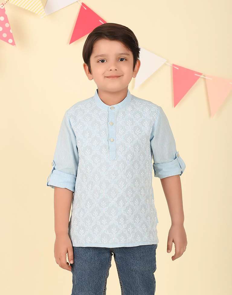 Buy Blue Cotton Chikankari Short Kurta for Kids Online at Fabindia