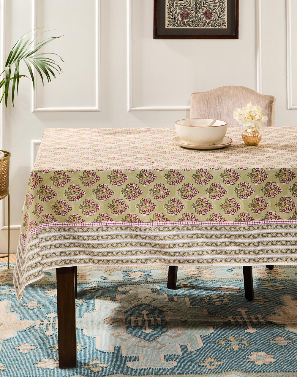 Green Lavanya Cotton Hand Block Printed Table Cover Green Lavanya Cotton Hand Block Printed Table Cover