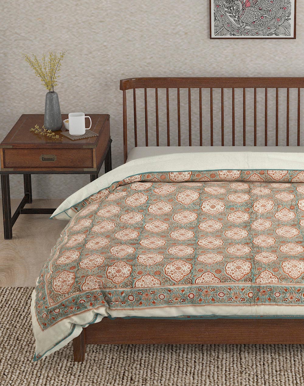 Blue Amer Cotton Hand Block Printed Quilt Double Blue Amer Cotton Hand Block Printed Quilt Double