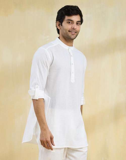 White Cotton Checks Slim Fit Short Kurta White Cotton Checks Slim Fit Short Kurta