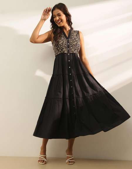 Buy Black Cotton Chikankari Maxi for Women Online at Fabindia