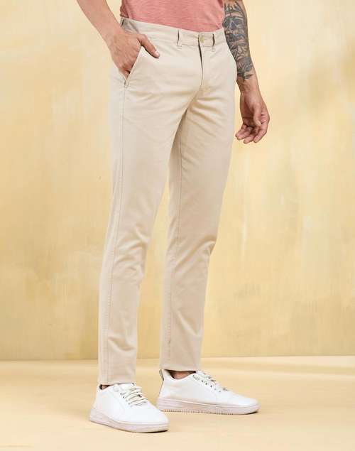 Beige Cotton Blend Slim Fit Pants Beige Cotton Blend Slim Fit Pants