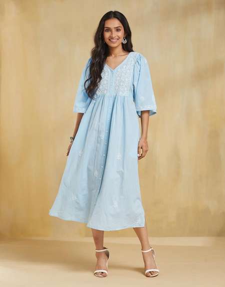 Buy Blue Cotton Chikankari Midi Dress for Women Online at Fabindia