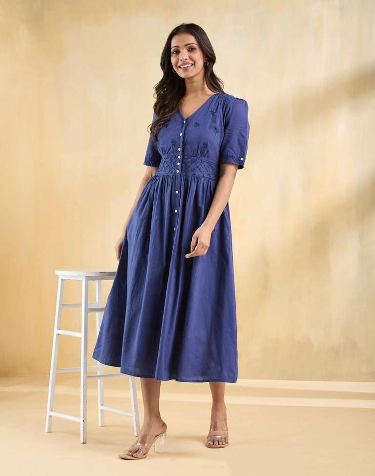 Blue Cotton Chikankari Midi Dress Blue Cotton Chikankari Midi Dress