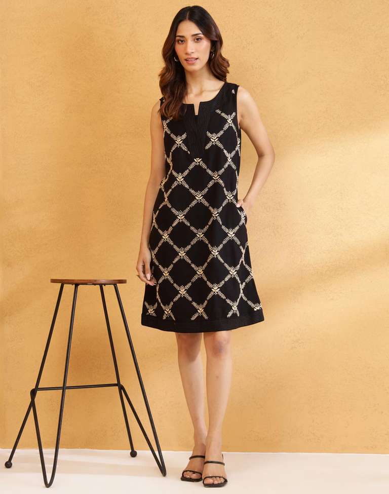 chikankari short dress Black Cotton Chikankari Short Dress