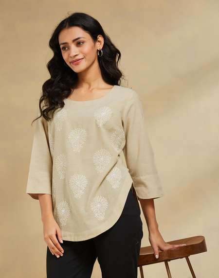 Beige Cotton Chikankari Top - Main Image