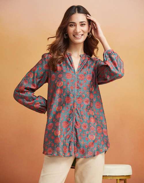 Green Cotton Silk Printed Tunic Green Cotton Silk Printed Tunic