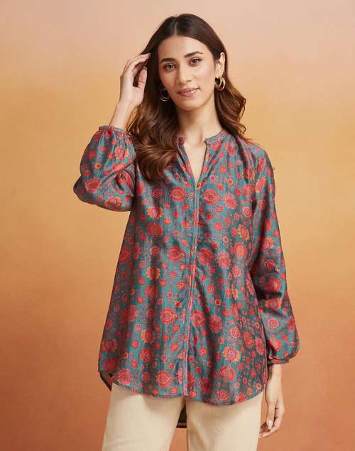 Green Cotton Silk Printed Tunic Green Cotton Silk Printed Tunic