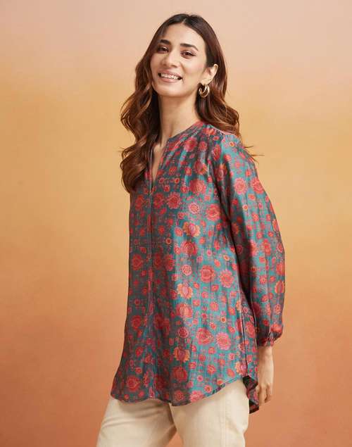Green Cotton Silk Printed Tunic Green Cotton Silk Printed Tunic