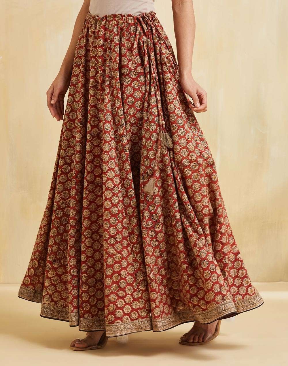 Buy Maroon Cotton Kalamkari Printed Ghera Skirt for Women Online