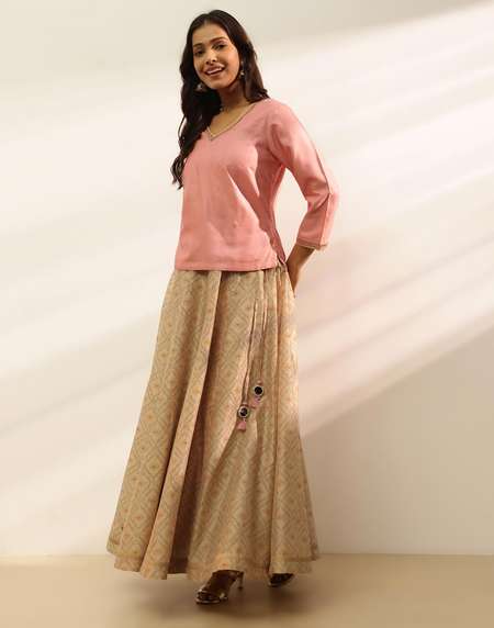 Buy Pink Viscose Silk Choli Ghera Skirt Set for Women Online at