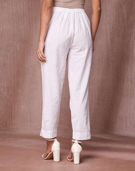 White Cotton Casual Tapered Pant - Main Image