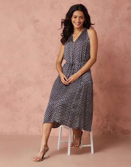 Buy Indigo Rayon Blend Ajrakh Printed Midi Dress for Women Online