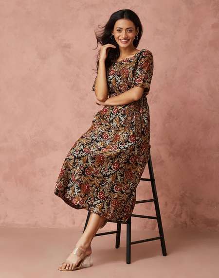 Buy Black Cotton Silk Bagru Printed Midi Dress for Women Online at