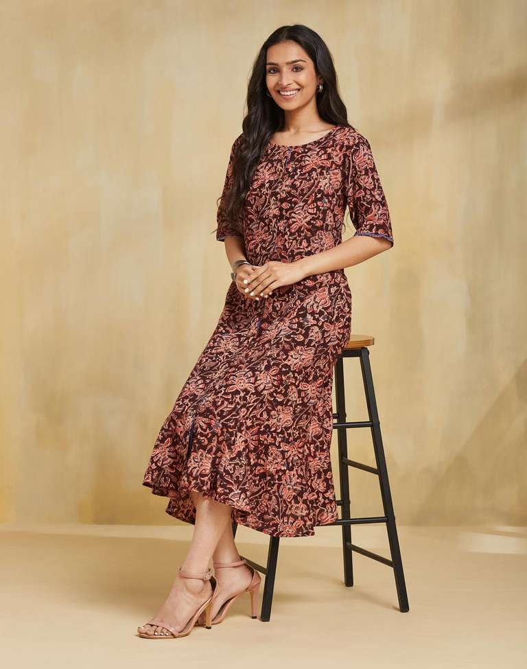 Buy Maroon Cotton Kalamkari Printed Midi Dress for Women Online at