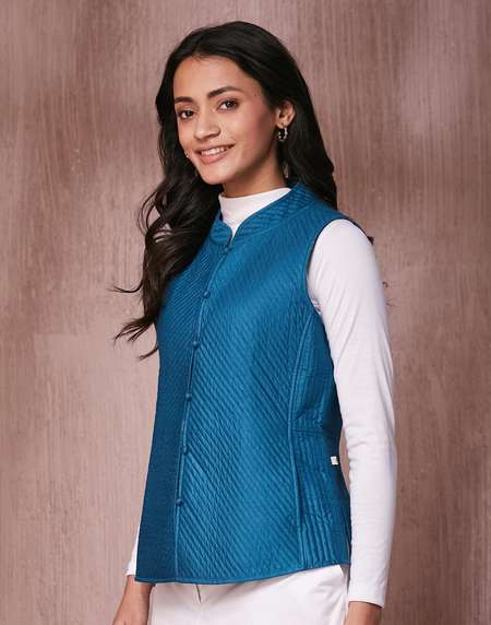 Buy Turquoise Viscose Silk Quilted Jacket for Women Online at
