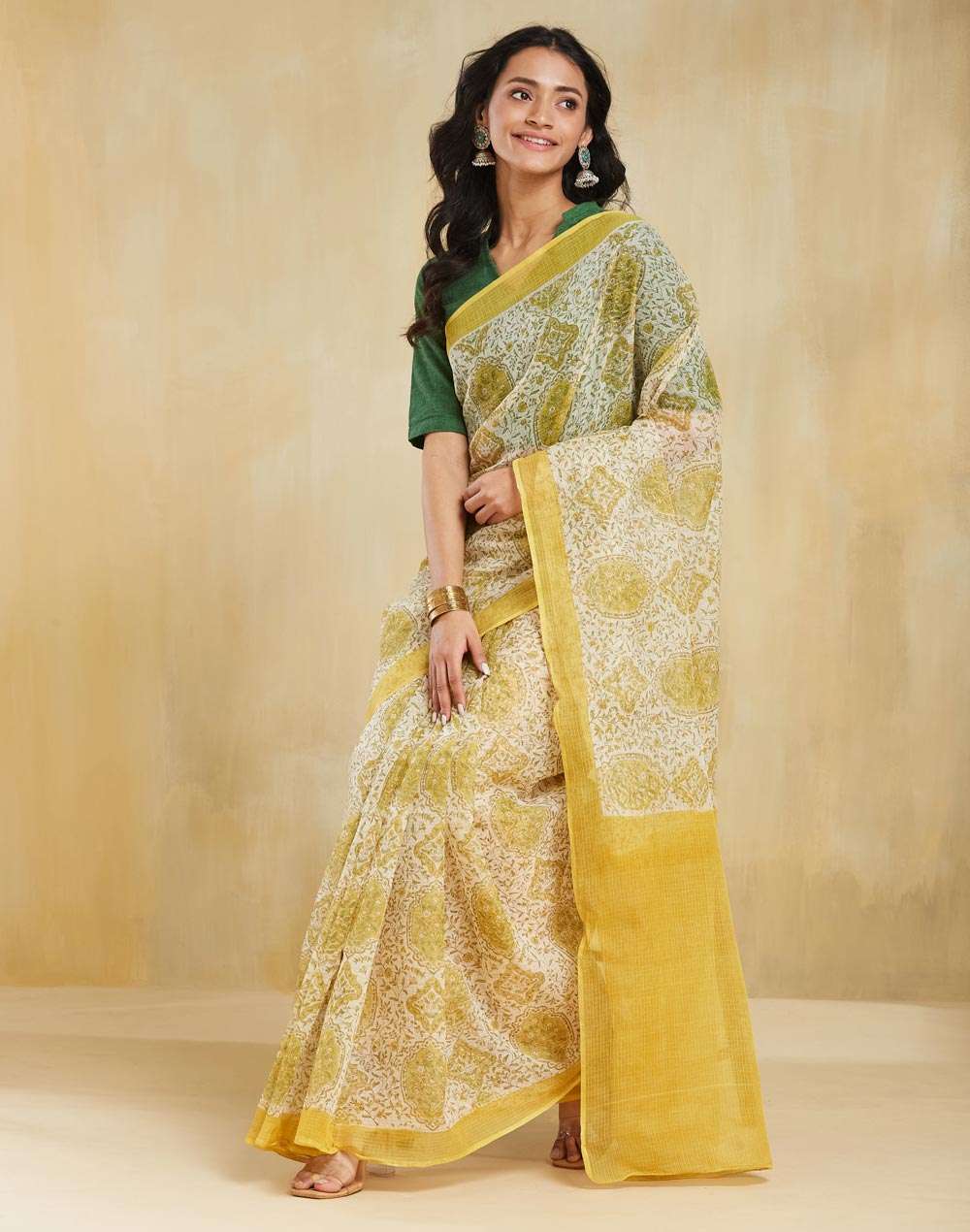 Buy Natural Cotton Silk Hand Block Printed Sari for Women Online at ...
