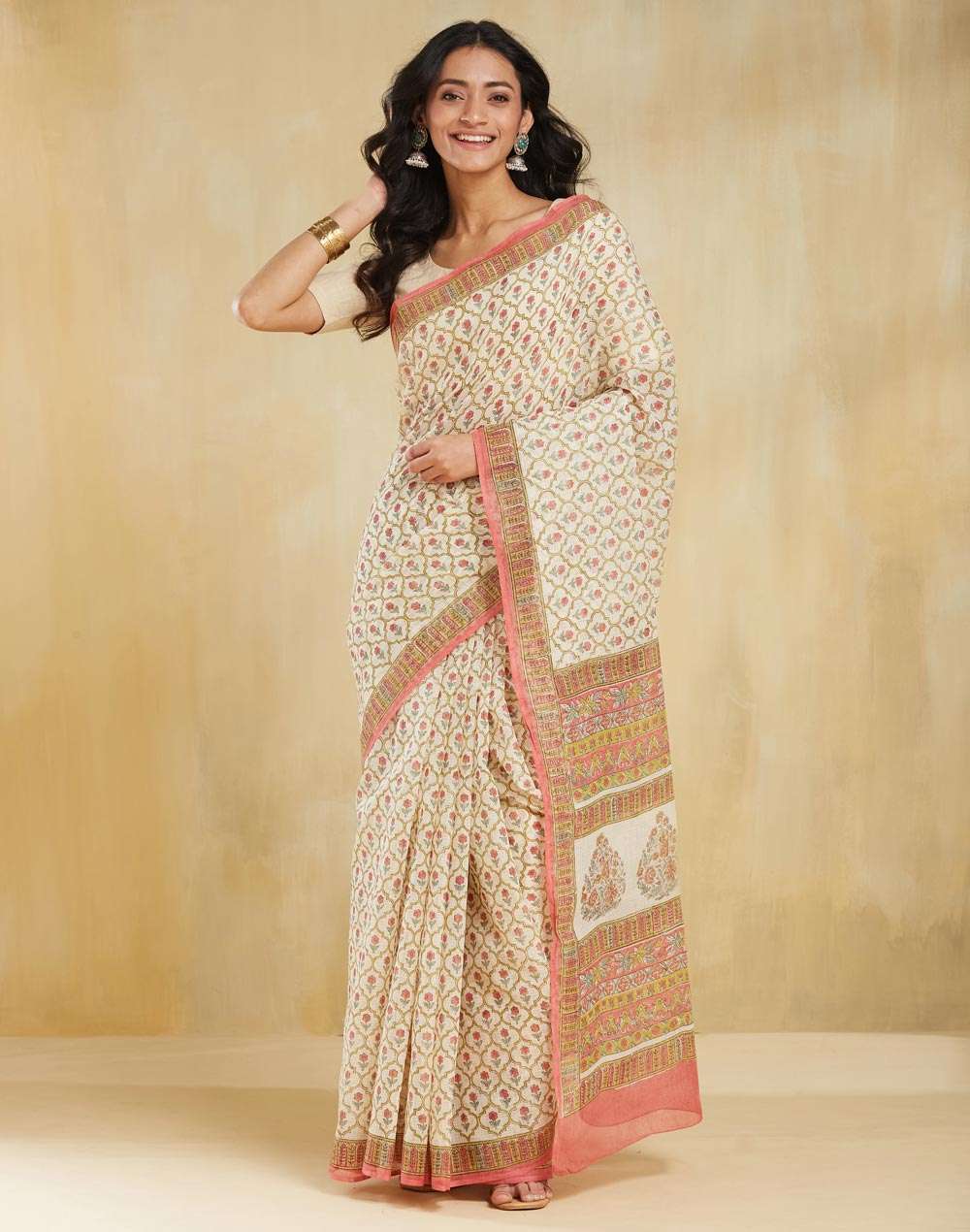 Buy Natural Cotton Silk Hand Block Printed Sari for Women Online at ...